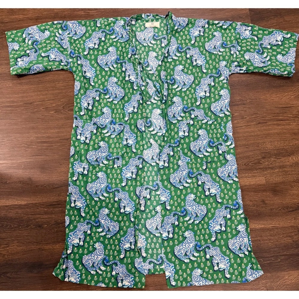 Printfresh Tiger Queen Robe Womens S/M Jade Green Blue Tiger Organic Cotton